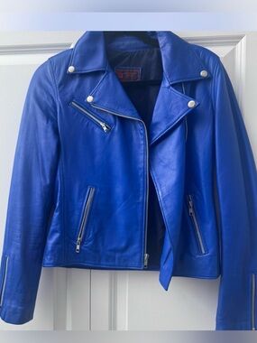 SPÉCIALISTE EN CUIR Vintage Cobalt Blue Leather Moto Biker Jacket‎ Zip Up Small